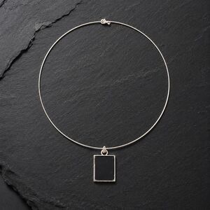 Black Pendant on Silver-Tone Omega Wire Choker – Minimalist Necklace